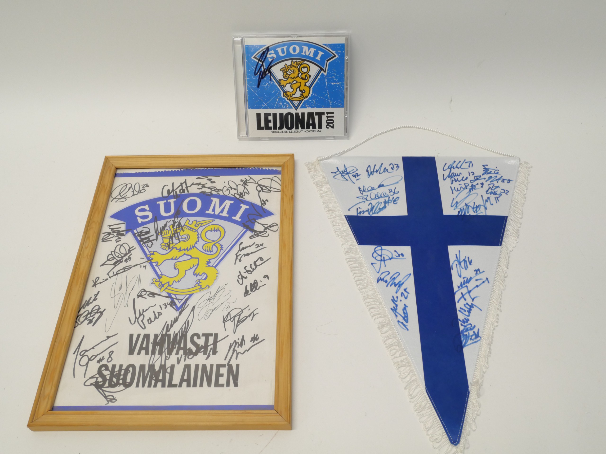 Leijonat viiri nimikirjoituksilla ym.